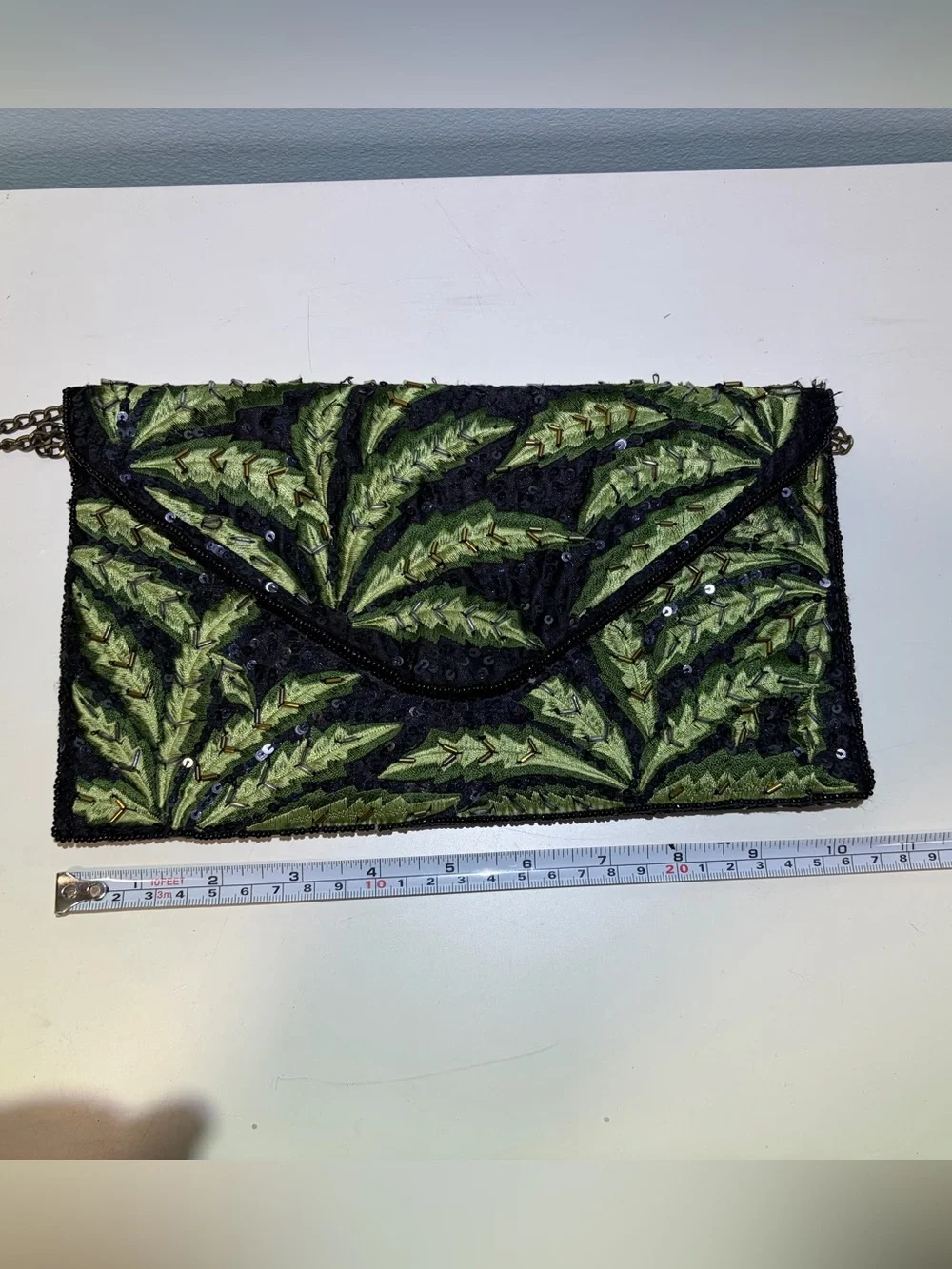 Clements Ribeiro Green Palm Leaf Embroidered Beaded & Sequin Clutch With Chain